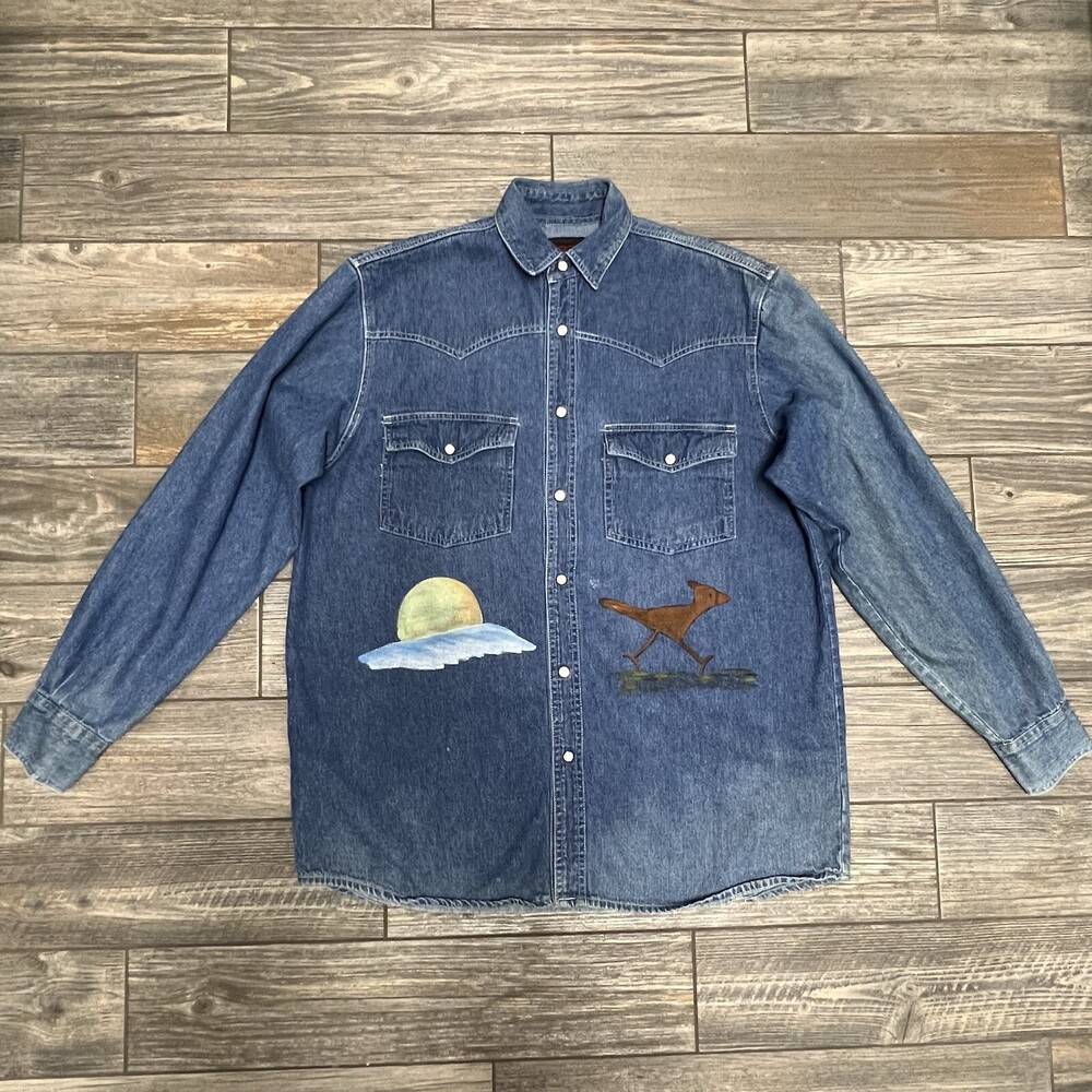 VTG Sunbelt Denim Pearl Snap Western Shirt M Hand Painted Roadrunner Shacket - Picture 13 of 16